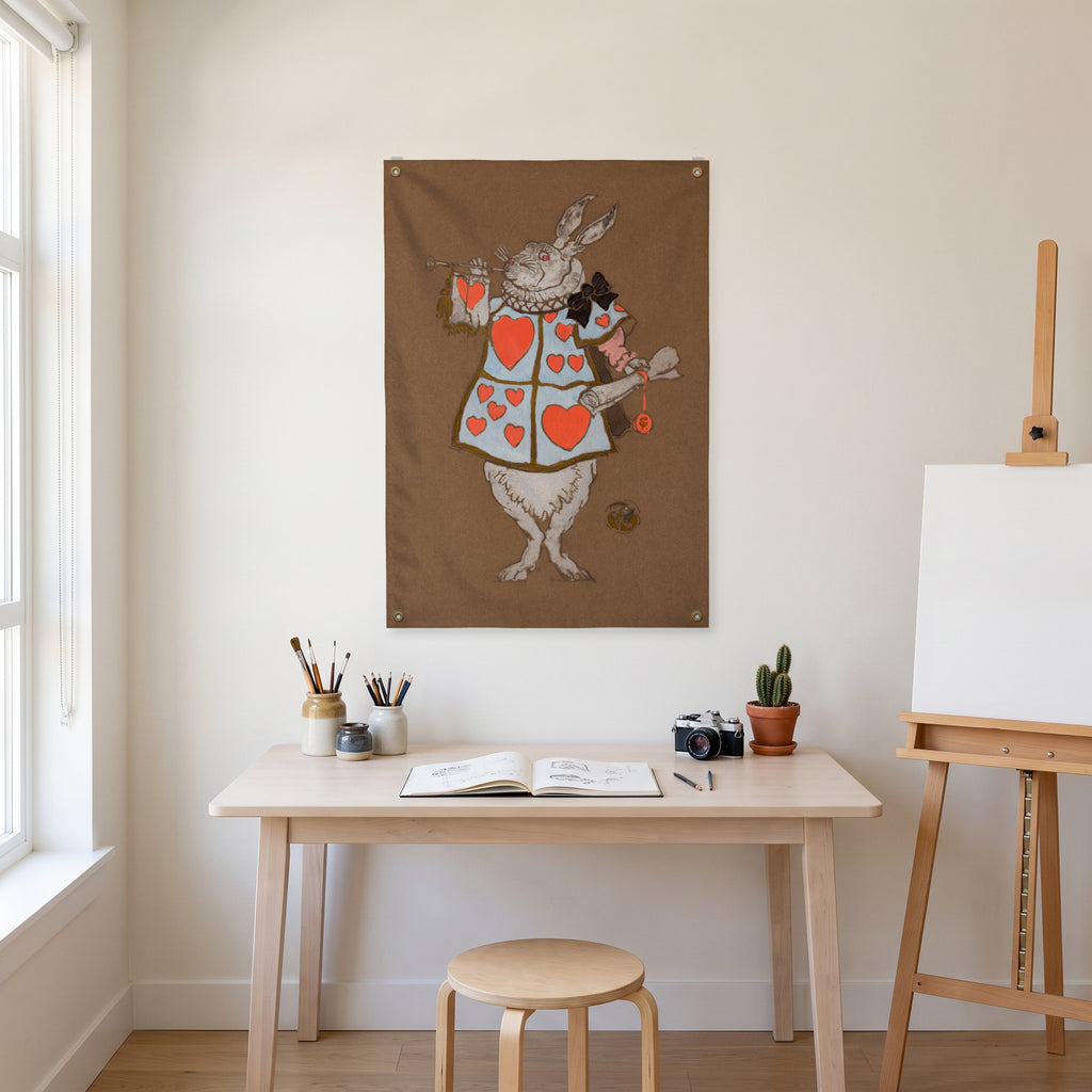 Heart-Tabard White Rabbit Wall Flag in the art corner room mockup.