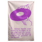 Purple line-drawn hands hold a vinyl record above numbered handling instructions on this cream Wall Rebel fabric wall flag.