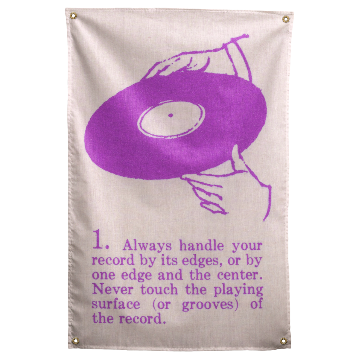Purple line-drawn hands hold a vinyl record above numbered handling instructions on this cream Wall Rebel fabric wall flag.