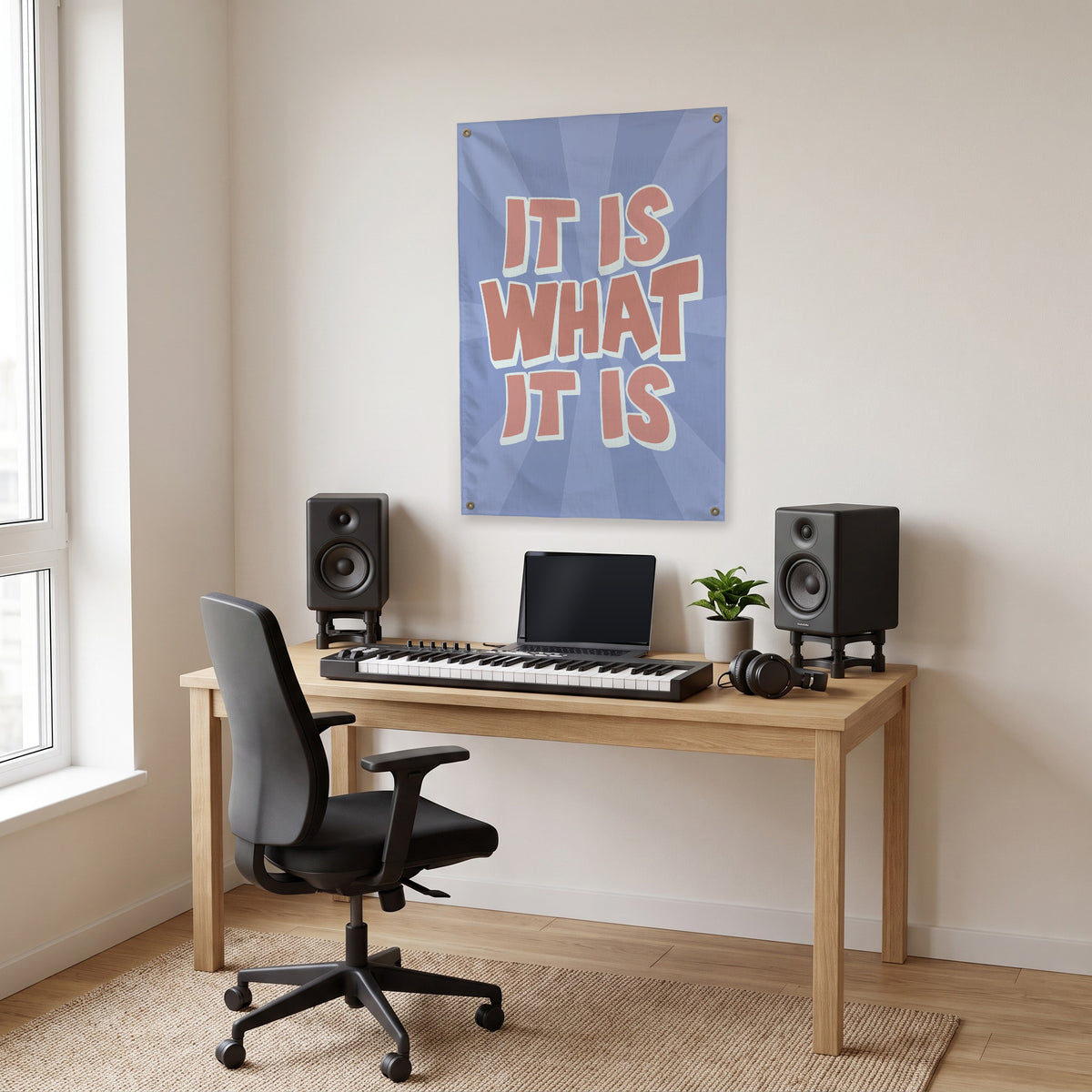 It Is What It Is Wall Flag in the studio room mockup.