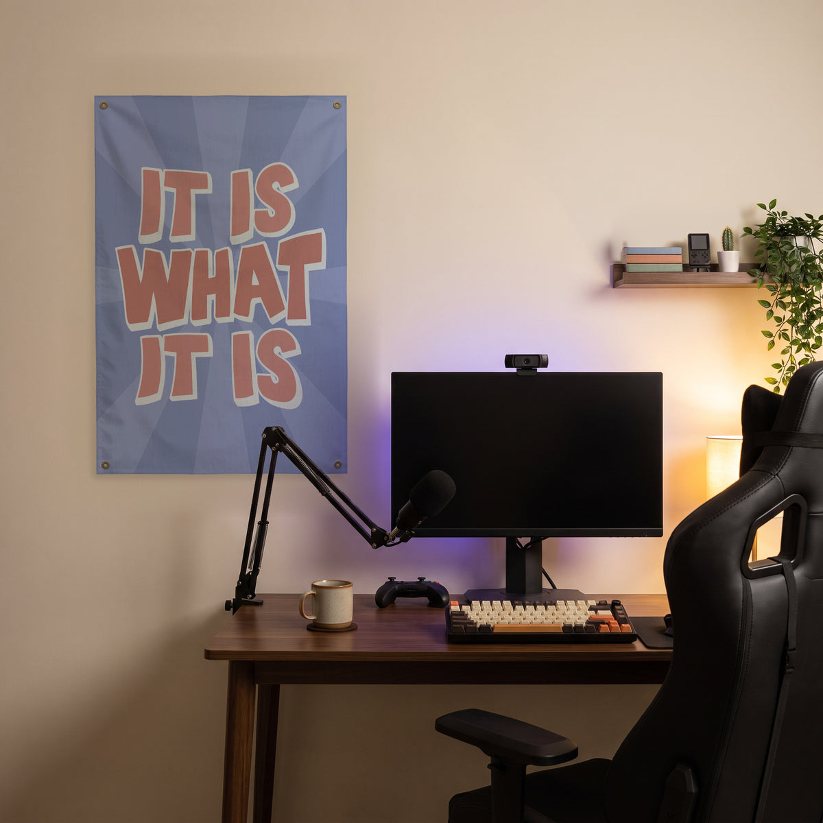 It Is What It Is Wall Flag in the streaming nook room mockup.