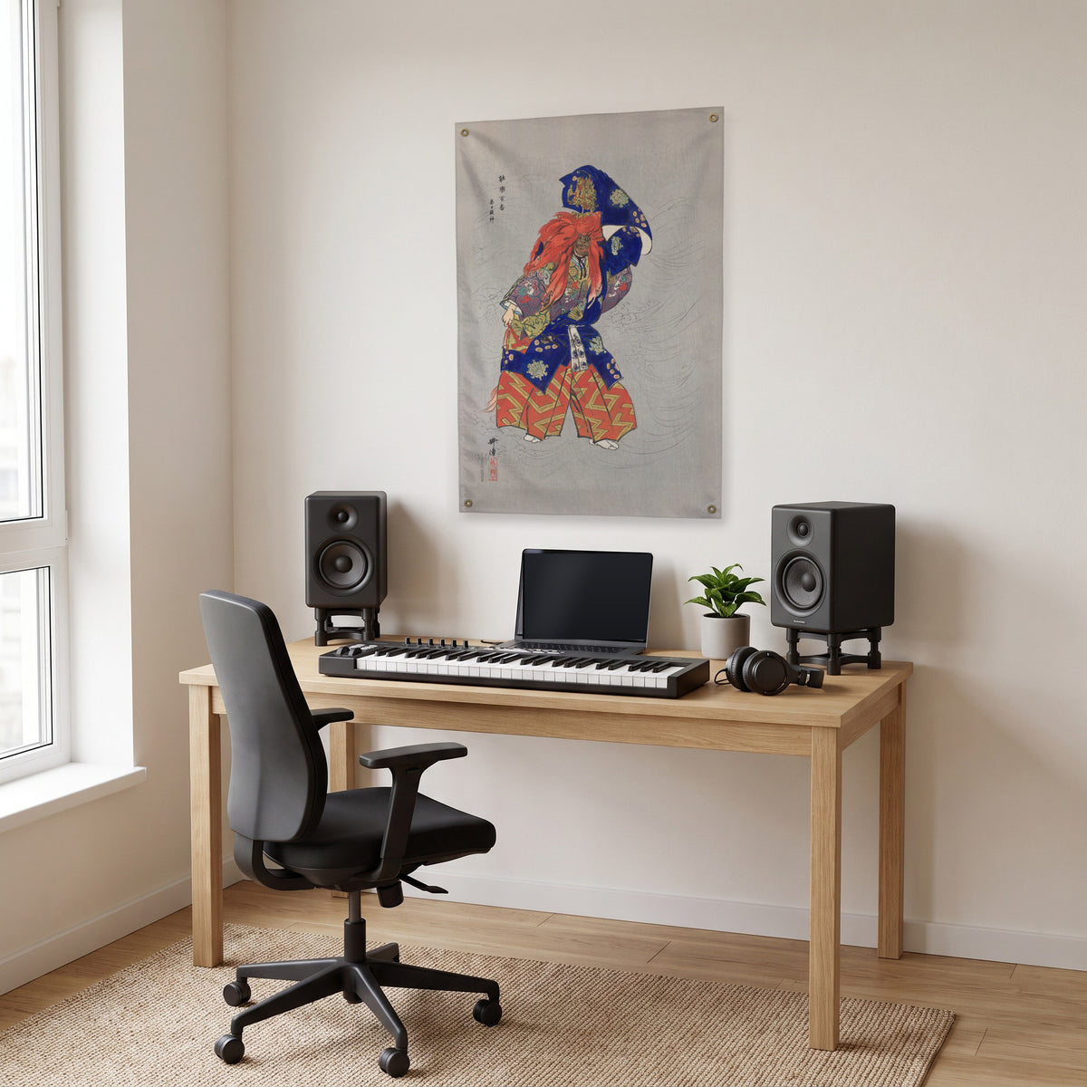 Japanese Actor in Patterned Robes Wall Flag in the studio room mockup.