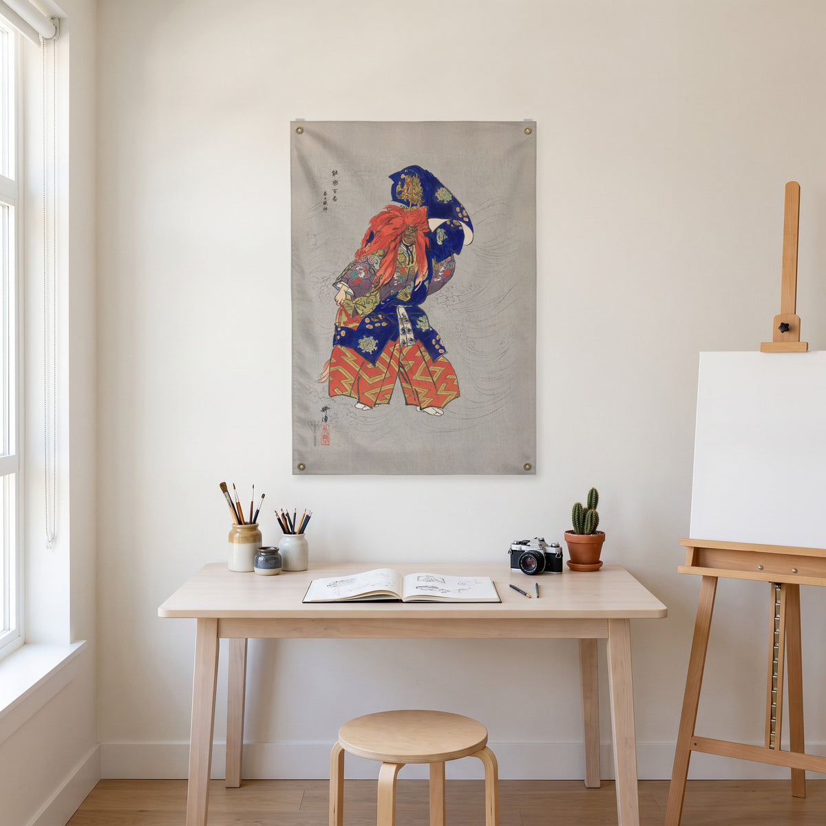 Japanese Actor in Patterned Robes Wall Flag in the art corner room mockup.