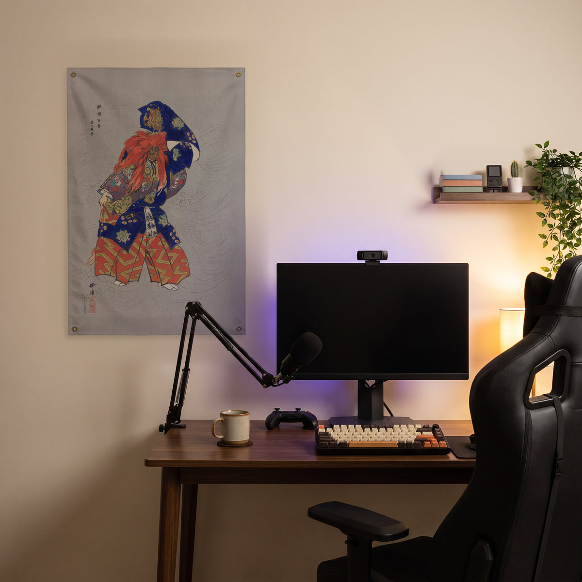 Japanese Actor in Patterned Robes Wall Flag in the streaming nook room mockup.