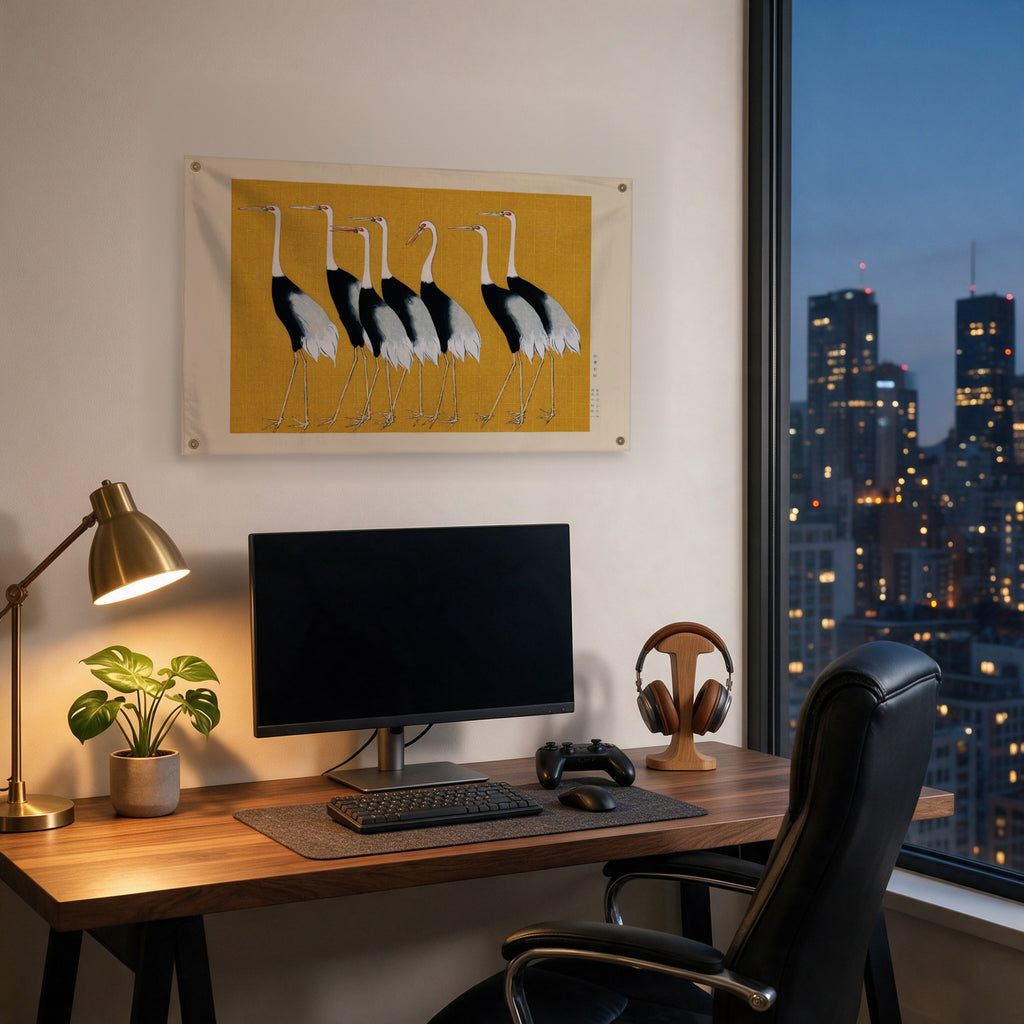 Japanese Cranes on Ochre Wall Flag in the gaming room mockup.