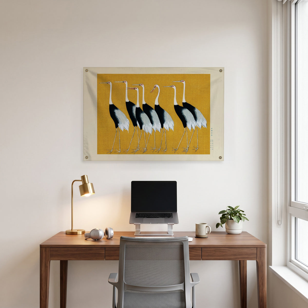 Japanese Cranes on Ochre Wall Flag in the clean desk room mockup.