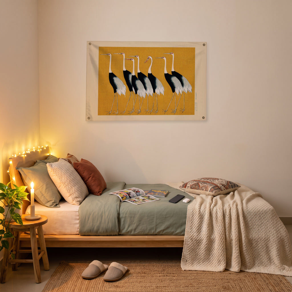 Japanese Cranes on Ochre Wall Flag in the platform bed room mockup.