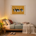 Japanese Cranes on Ochre Wall Flag in the platform bed room mockup.