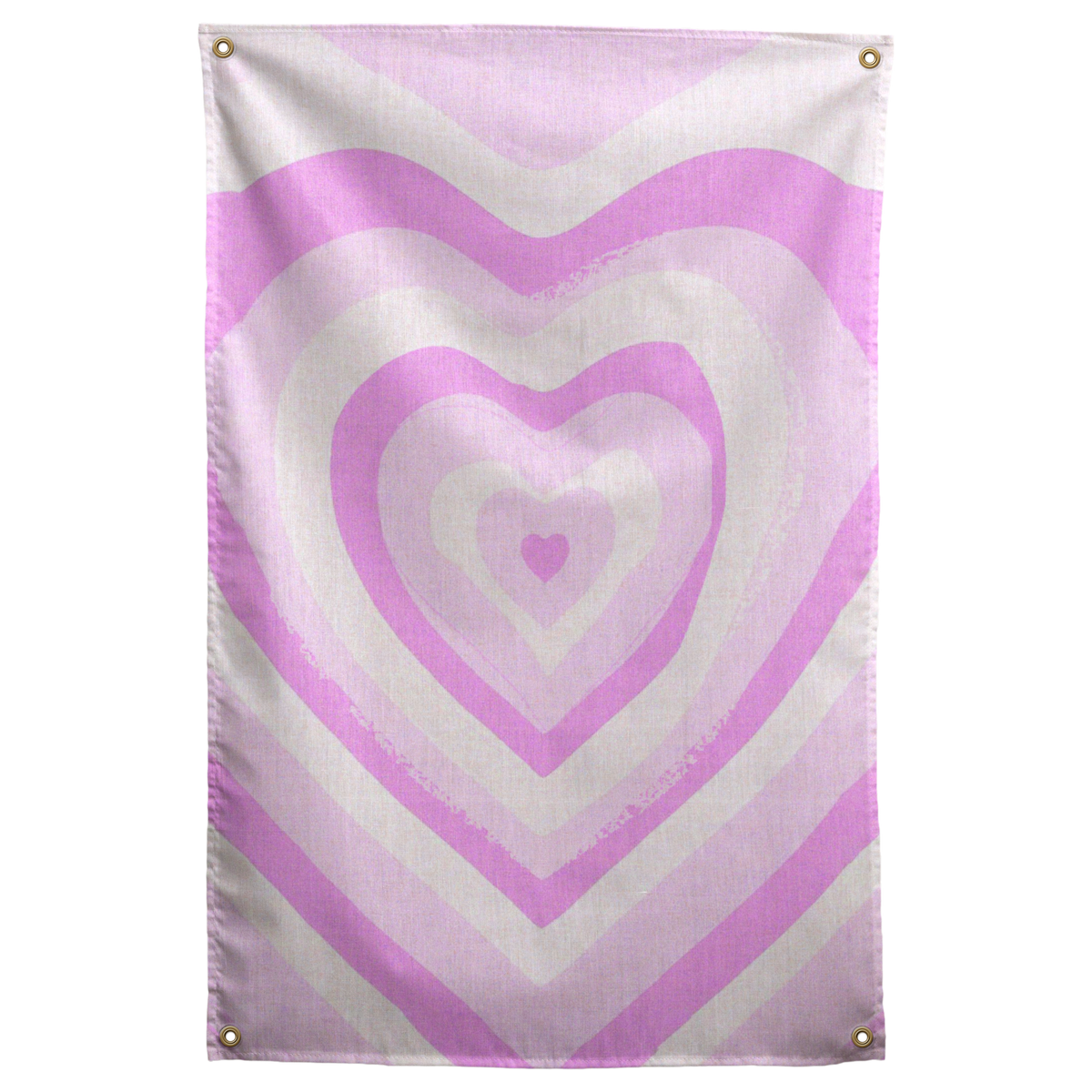 Wavy pink and cream bands form nested hearts around a small pink centre on this patterned Wall Rebel fabric wall flag.