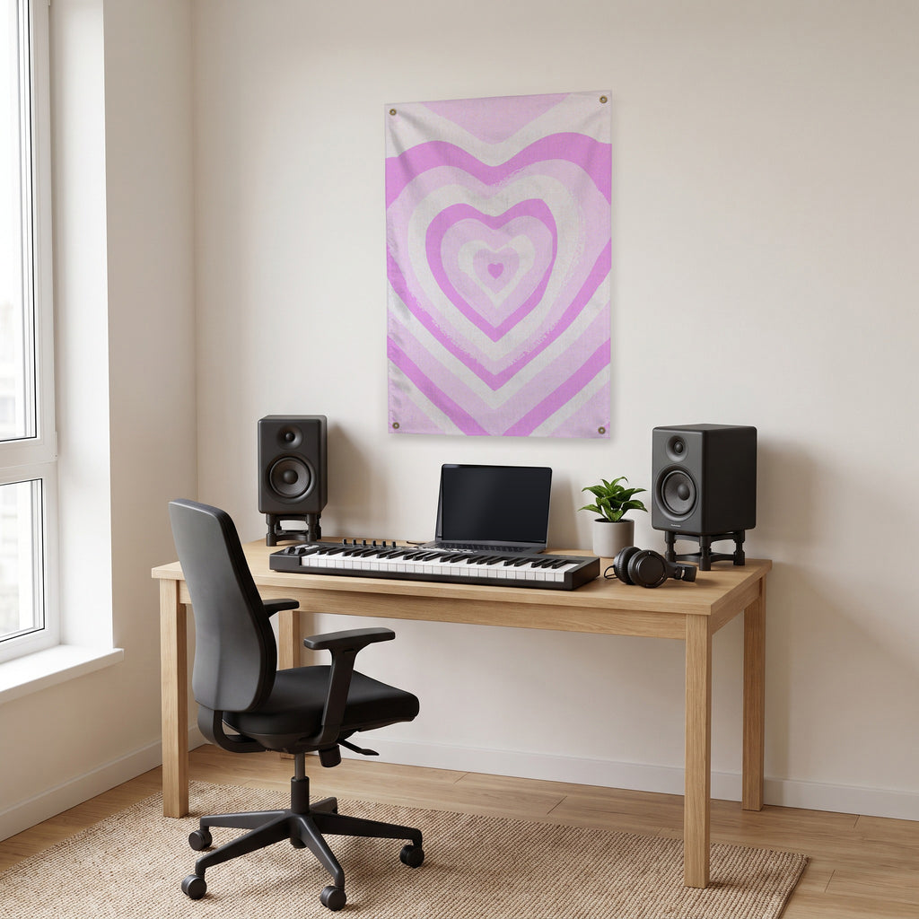 Layered Pink Heart Waves Wall Flag in the studio room mockup.