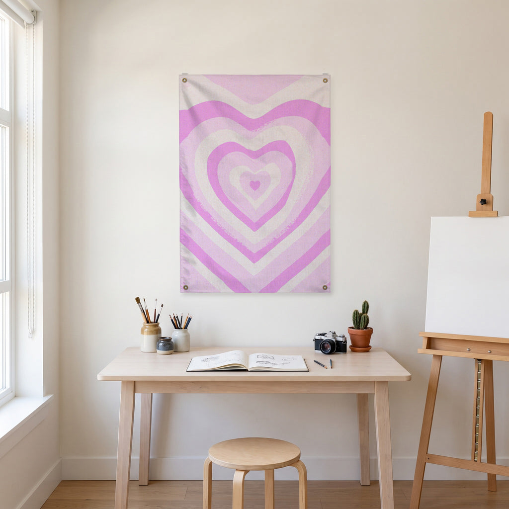 Layered Pink Heart Waves Wall Flag in the art corner room mockup.