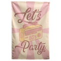A pastel boombox marked 80's sits between Let's Party lettering on a pink and peach sunburst Wall Rebel fabric wall flag.