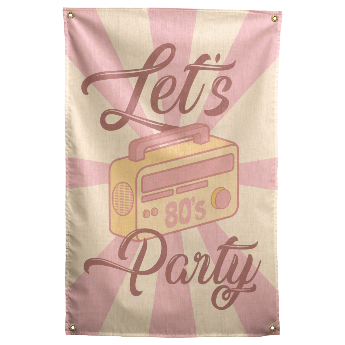 A pastel boombox marked 80's sits between Let's Party lettering on a pink and peach sunburst Wall Rebel fabric wall flag.