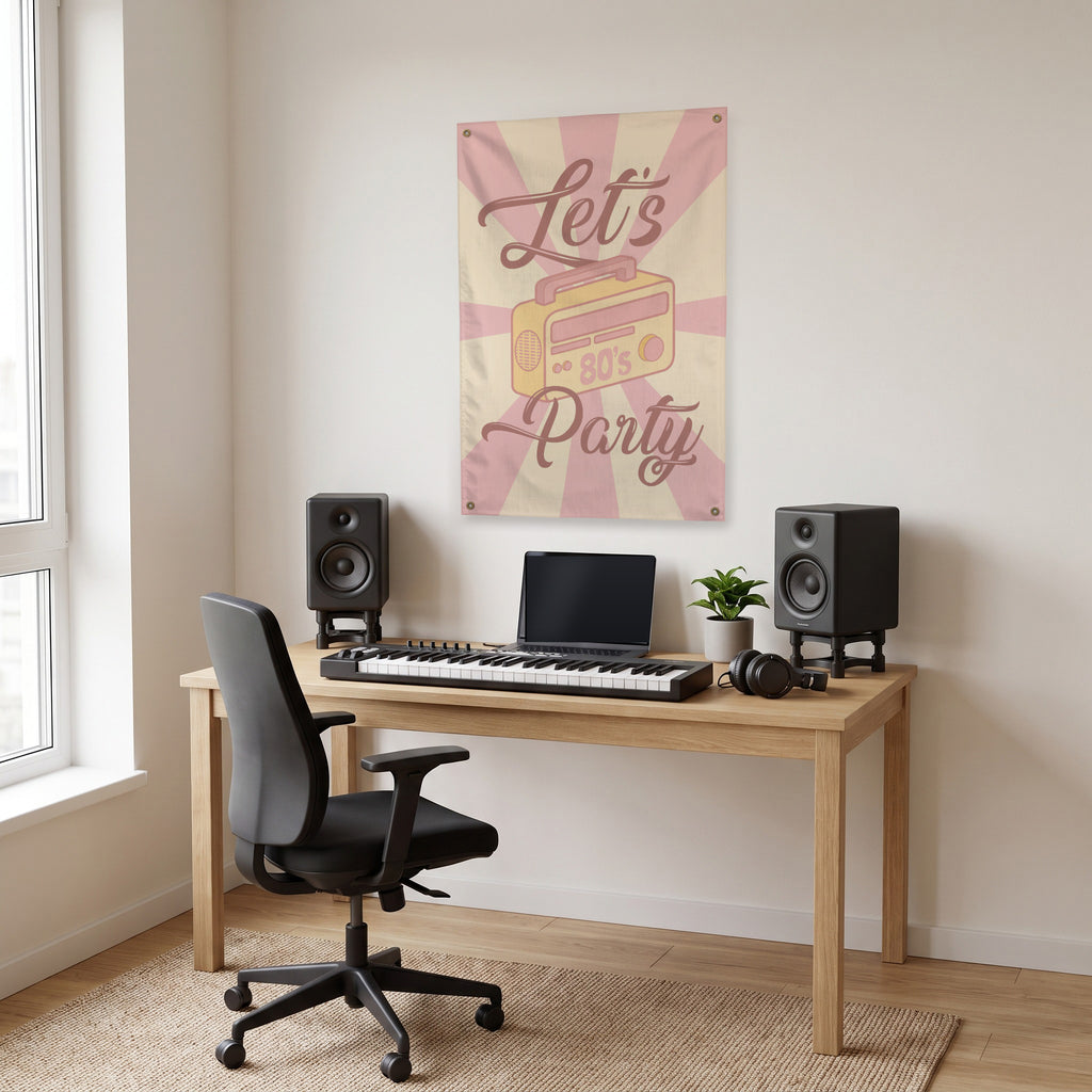 Let's Eighties Party Wall Flag in the studio room mockup.