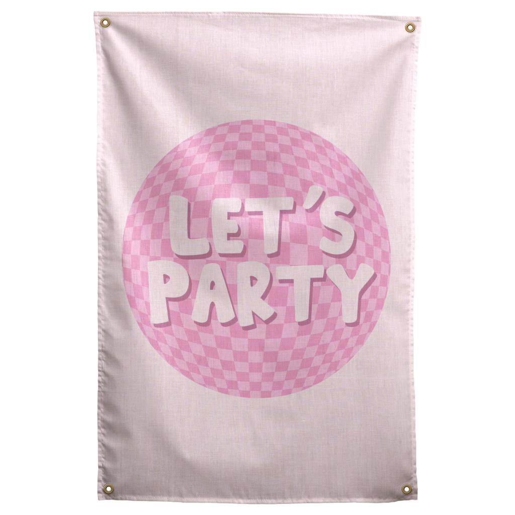White Let's Party lettering sits over a pink chequered disco ball on pale pink in this playful Wall Rebel fabric wall flag.
