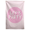 White Let's Party lettering sits over a pink chequered disco ball on pale pink in this playful Wall Rebel fabric wall flag.