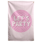 White Let's Party lettering sits over a pink chequered disco ball on pale pink in this playful Wall Rebel fabric wall flag.