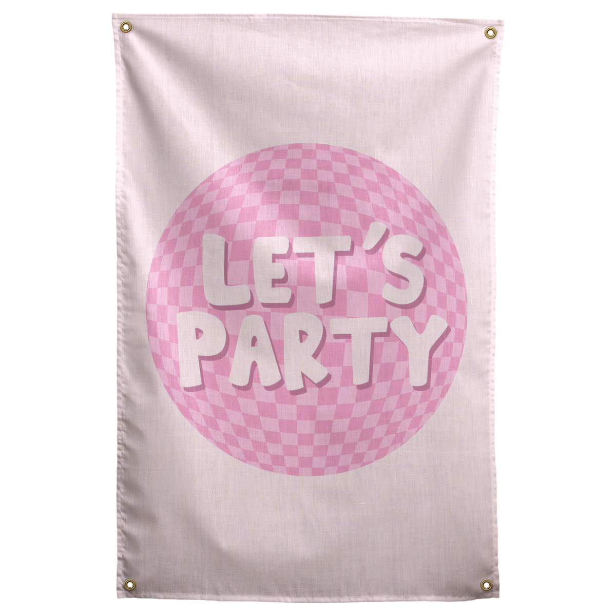 White Let's Party lettering sits over a pink chequered disco ball on pale pink in this playful Wall Rebel fabric wall flag.