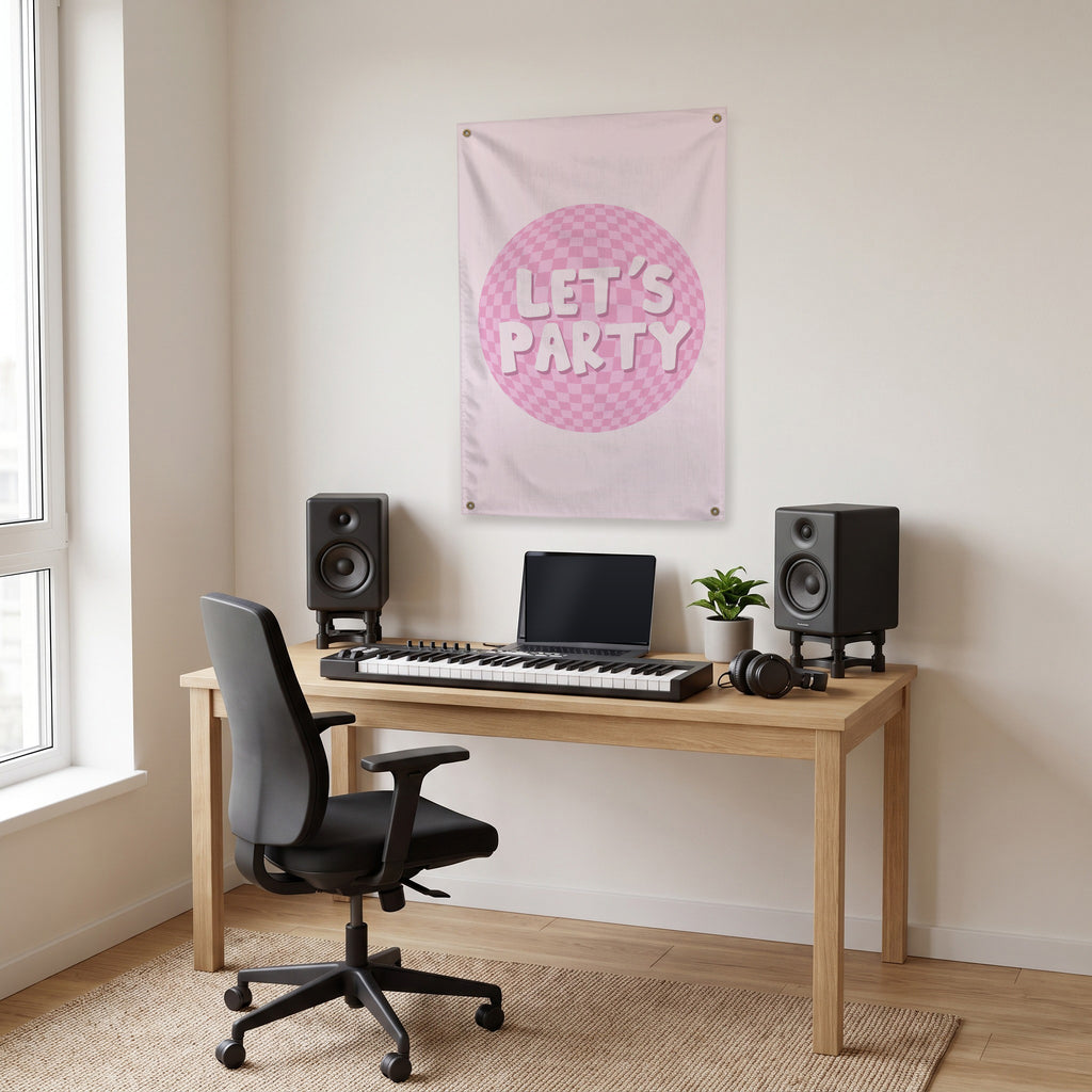 Let's Party Disco Wall Flag in the studio room mockup.