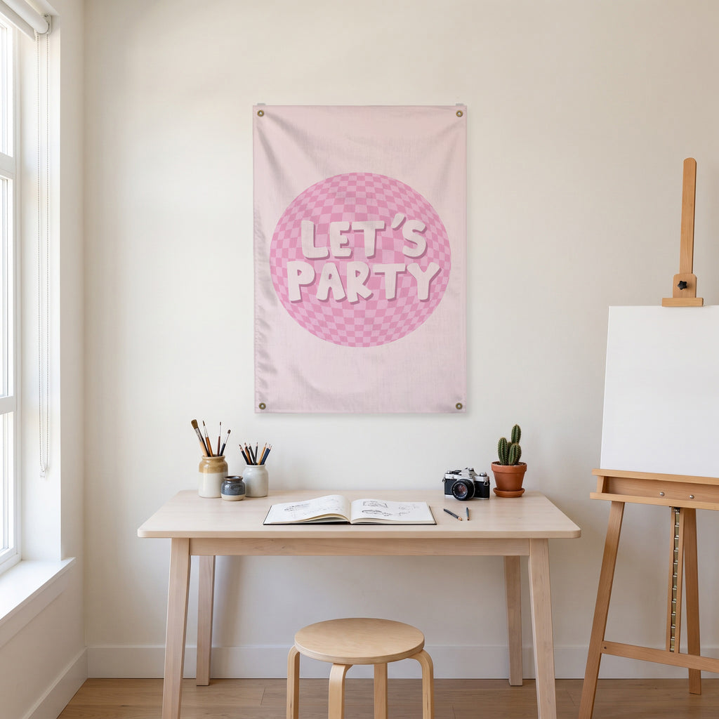 Let's Party Disco Wall Flag in the art corner room mockup.