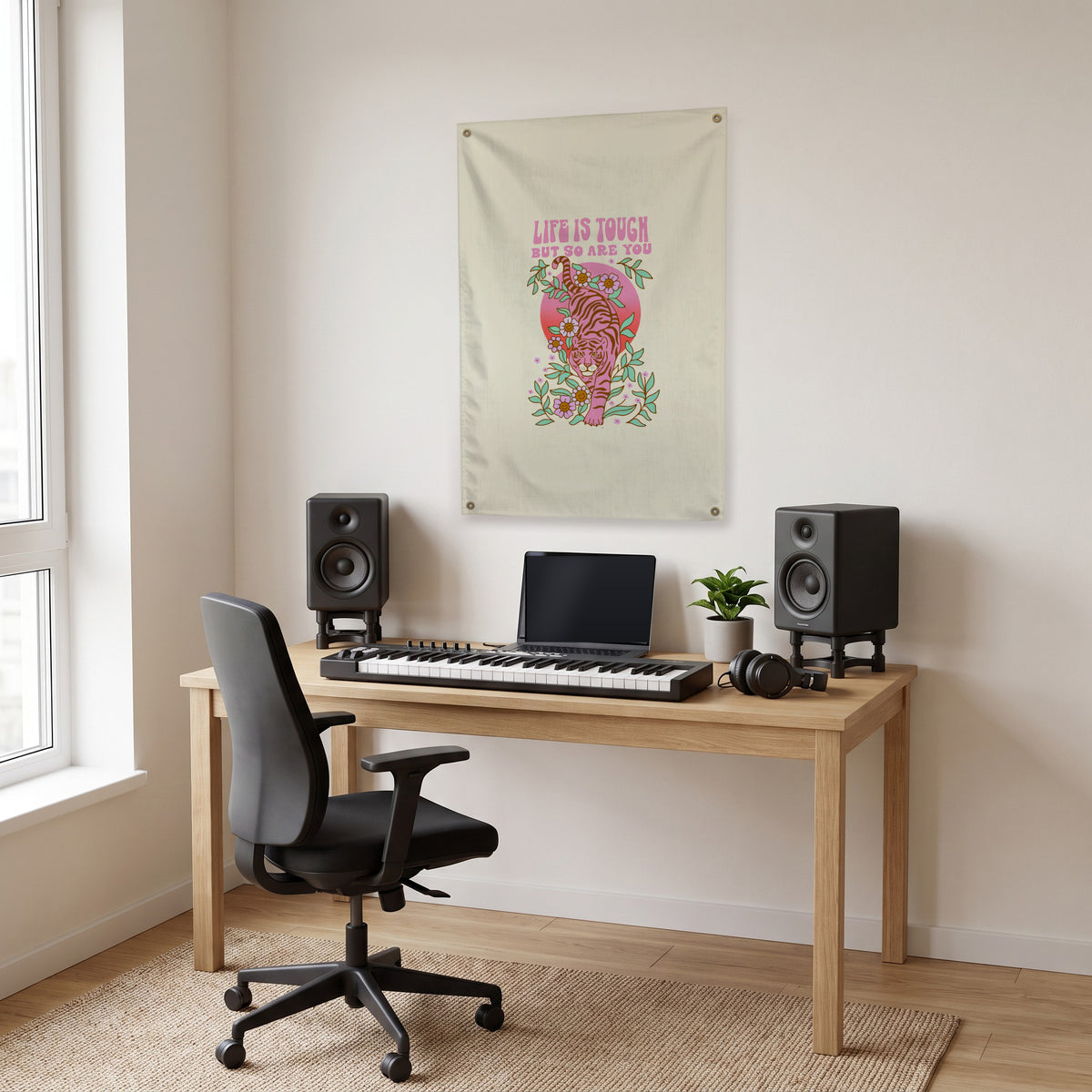 Life Is Tough Tiger Wall Flag in the studio room mockup.