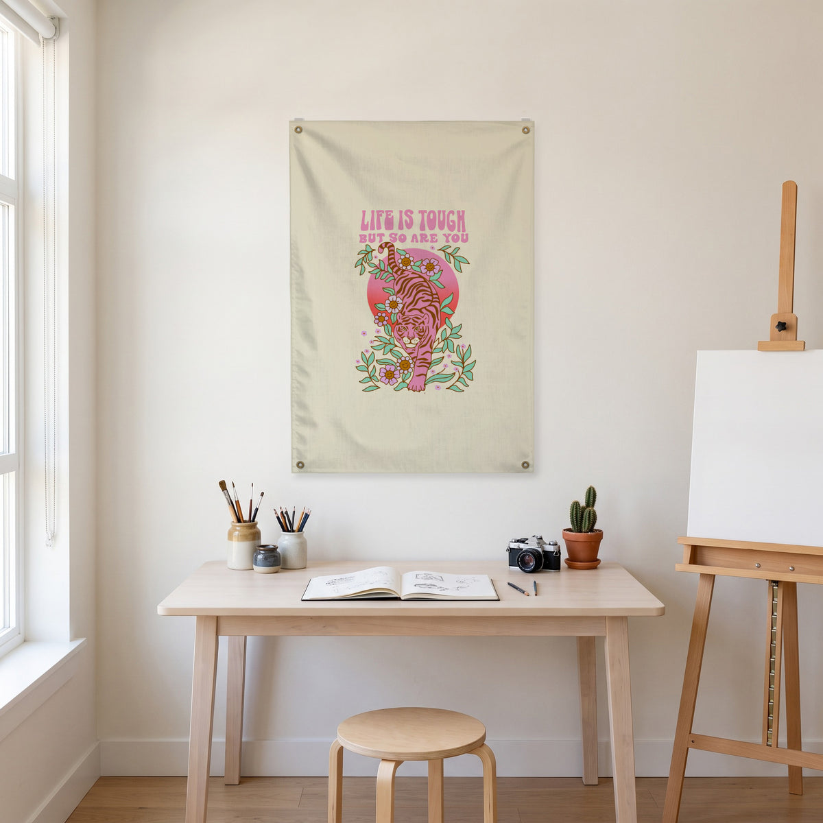 Life Is Tough Tiger Wall Flag in the art corner room mockup.
