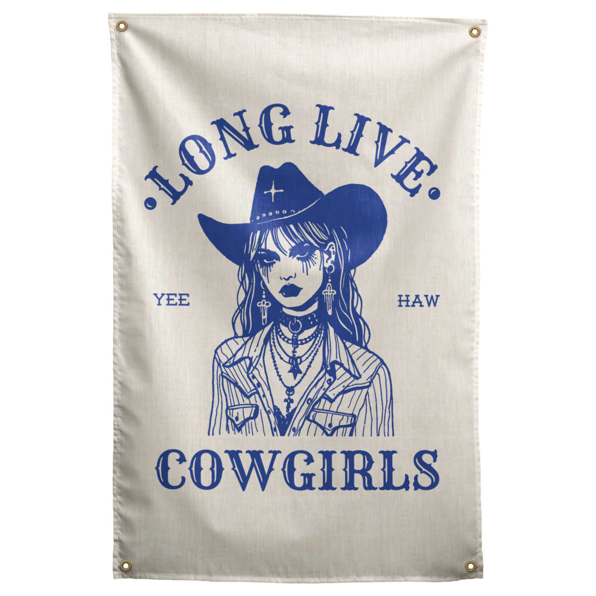 A blue cowgirl portrait with a hat and jewellery sits beneath Long Live Cowgirls words on this Wall Rebel fabric wall flag.