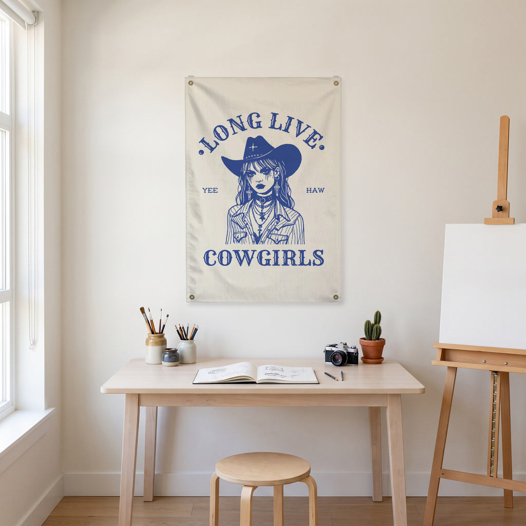 Long Live Cowgirls Portrait Wall Flag in the art corner room mockup.