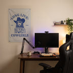 Long Live Cowgirls Portrait Wall Flag in the streaming nook room mockup.
