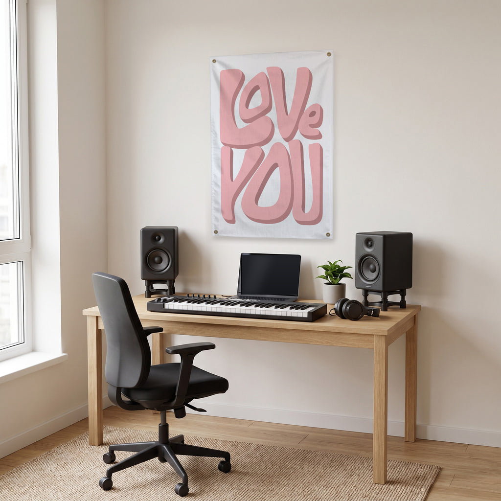 Love You in Pink Wall Flag in the studio room mockup.