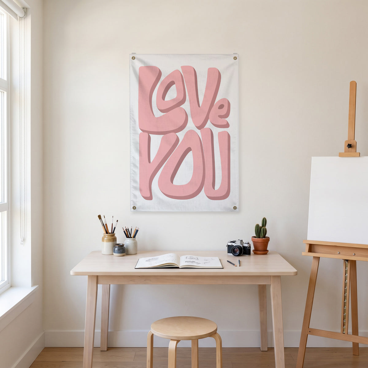 Love You in Pink Wall Flag in the art corner room mockup.