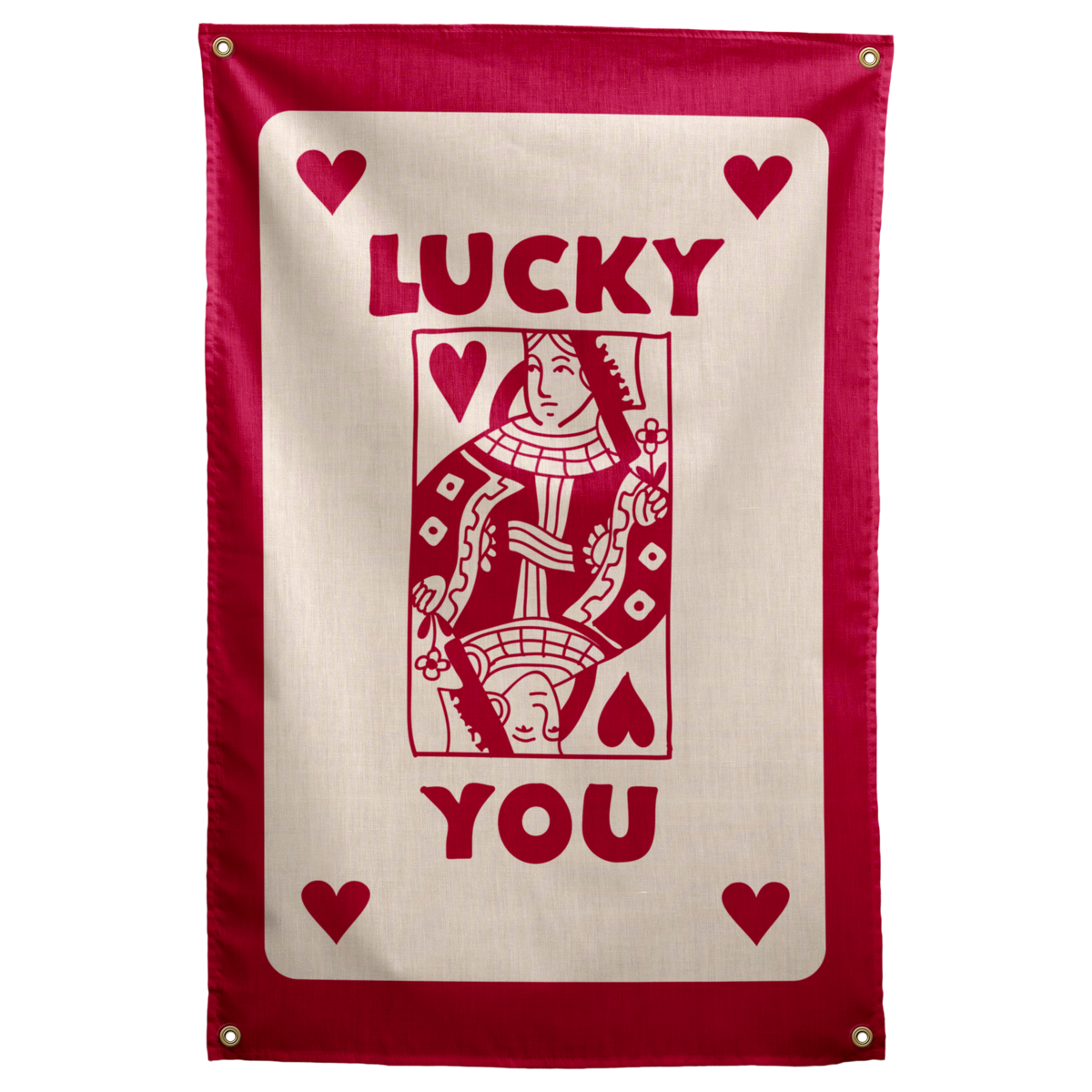 Burgundy LUCKY YOU words, a queen-card illustration and corner hearts sit on cream within a red border on a Wall Rebel fabric wall flag.