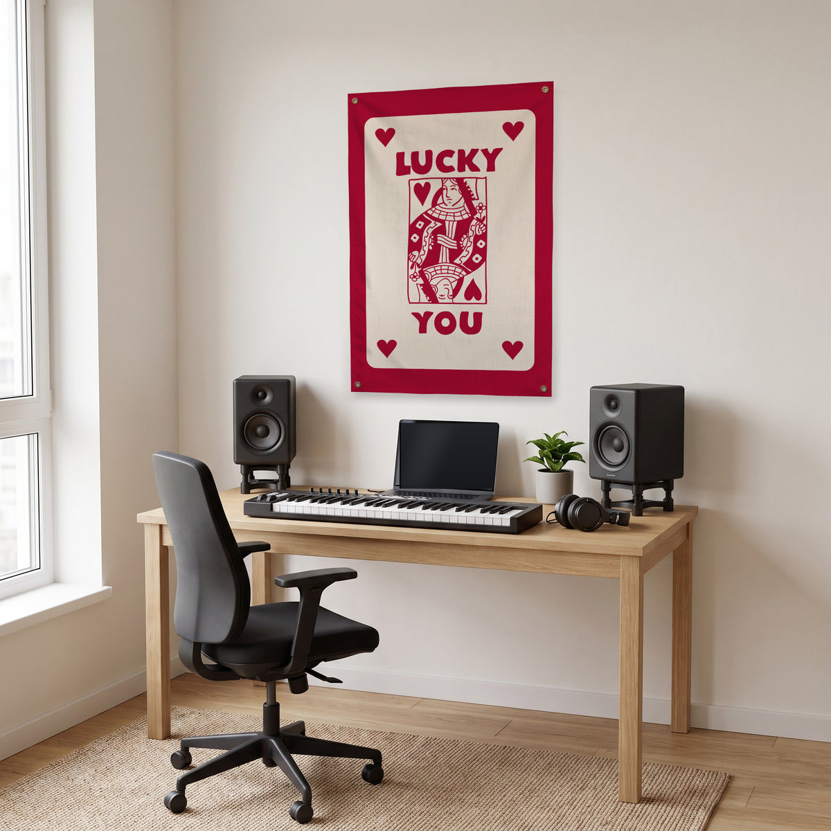 Lucky You - Burgundy on Cream Wall Flag in the studio room mockup.