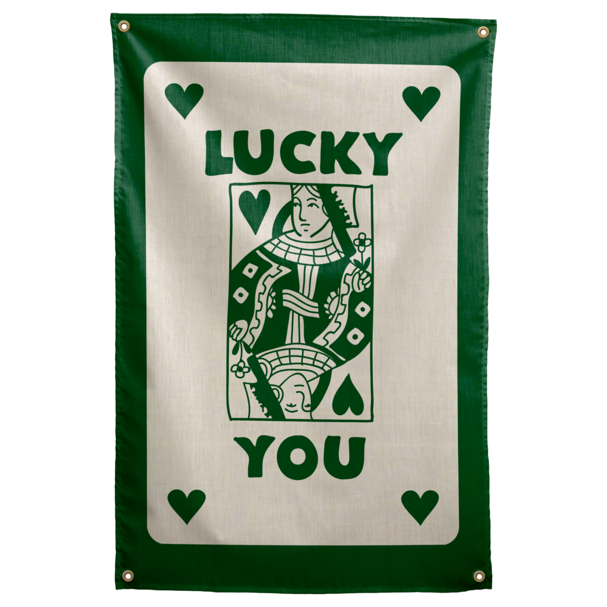 Dark green LUCKY YOU words, hearts and a queen-card illustration sit on cream within a green border on a Wall Rebel fabric wall flag.