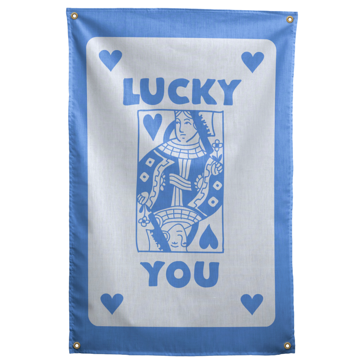 Light blue LUCKY YOU words, hearts and a queen-card illustration sit on pale blue within a blue border on a Wall Rebel fabric wall flag.