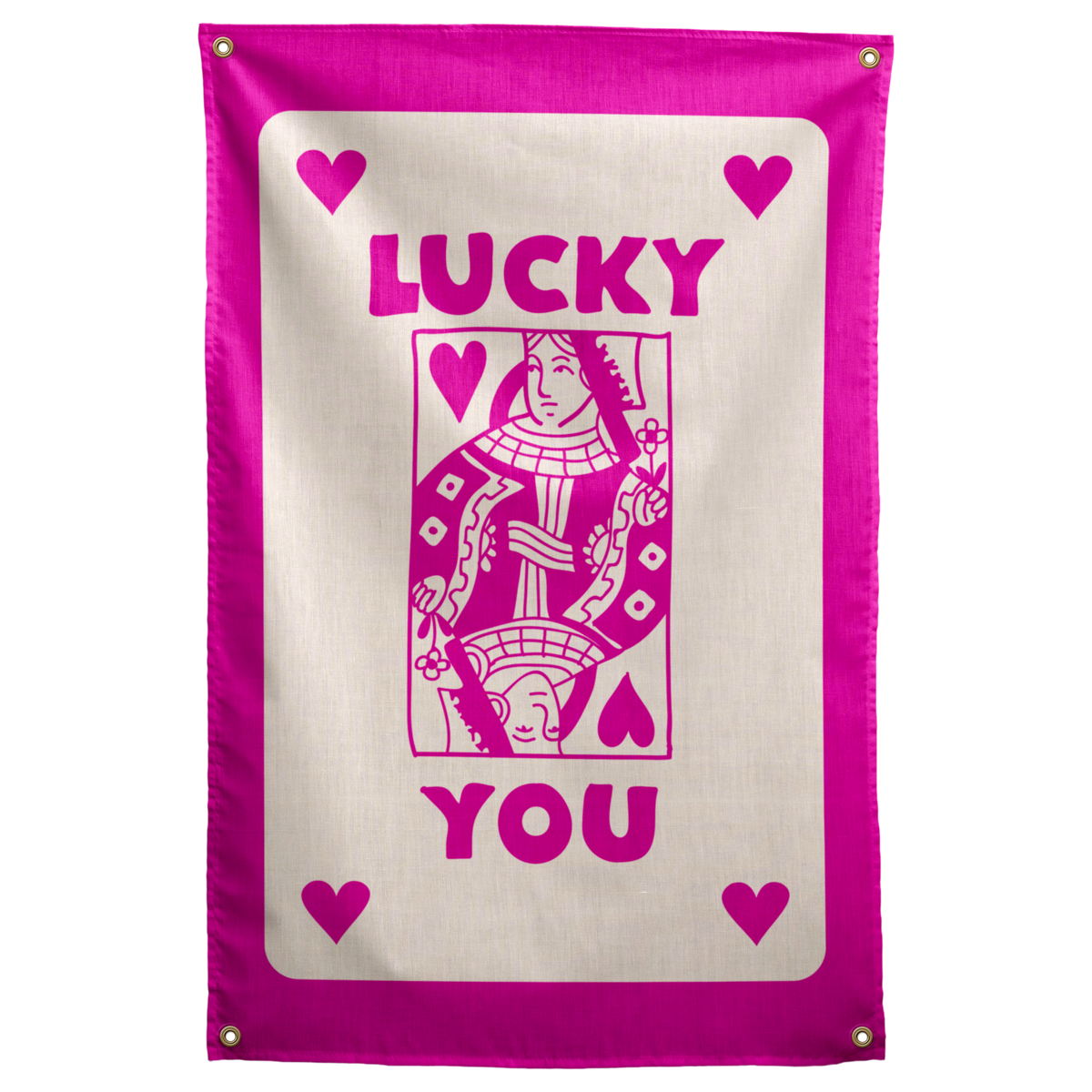 Vivid magenta LUCKY YOU words and a queen-card illustration fill a cream panel with a magenta border on a Wall Rebel fabric wall flag.