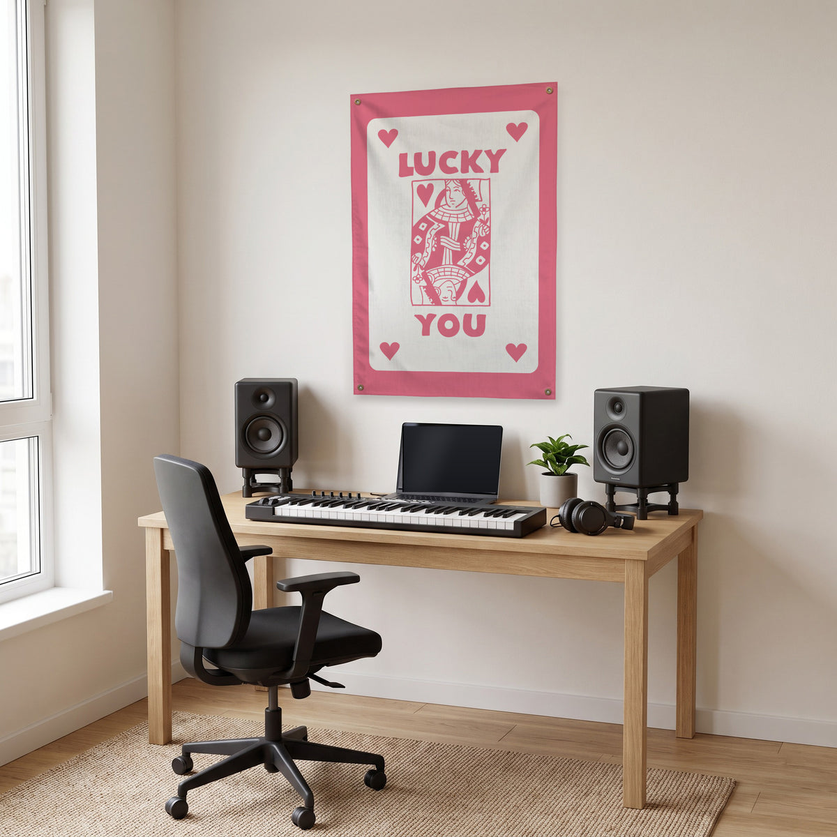 Lucky You - Pink on Cream Wall Flag in the studio room mockup.