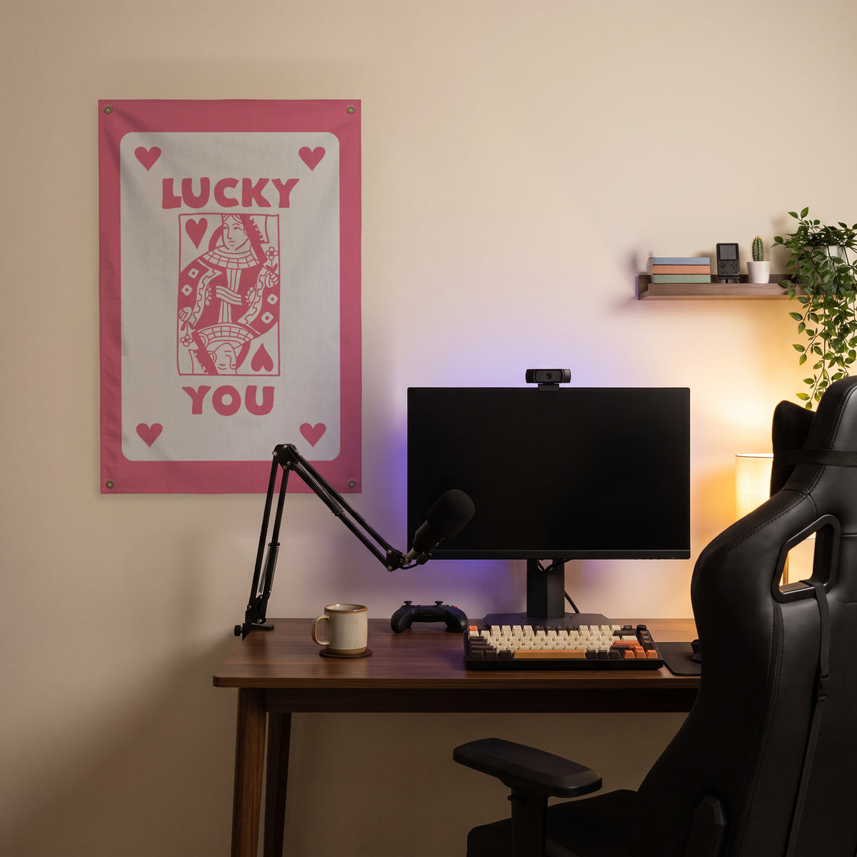 Lucky You - Pink on Cream Wall Flag in the streaming nook room mockup.