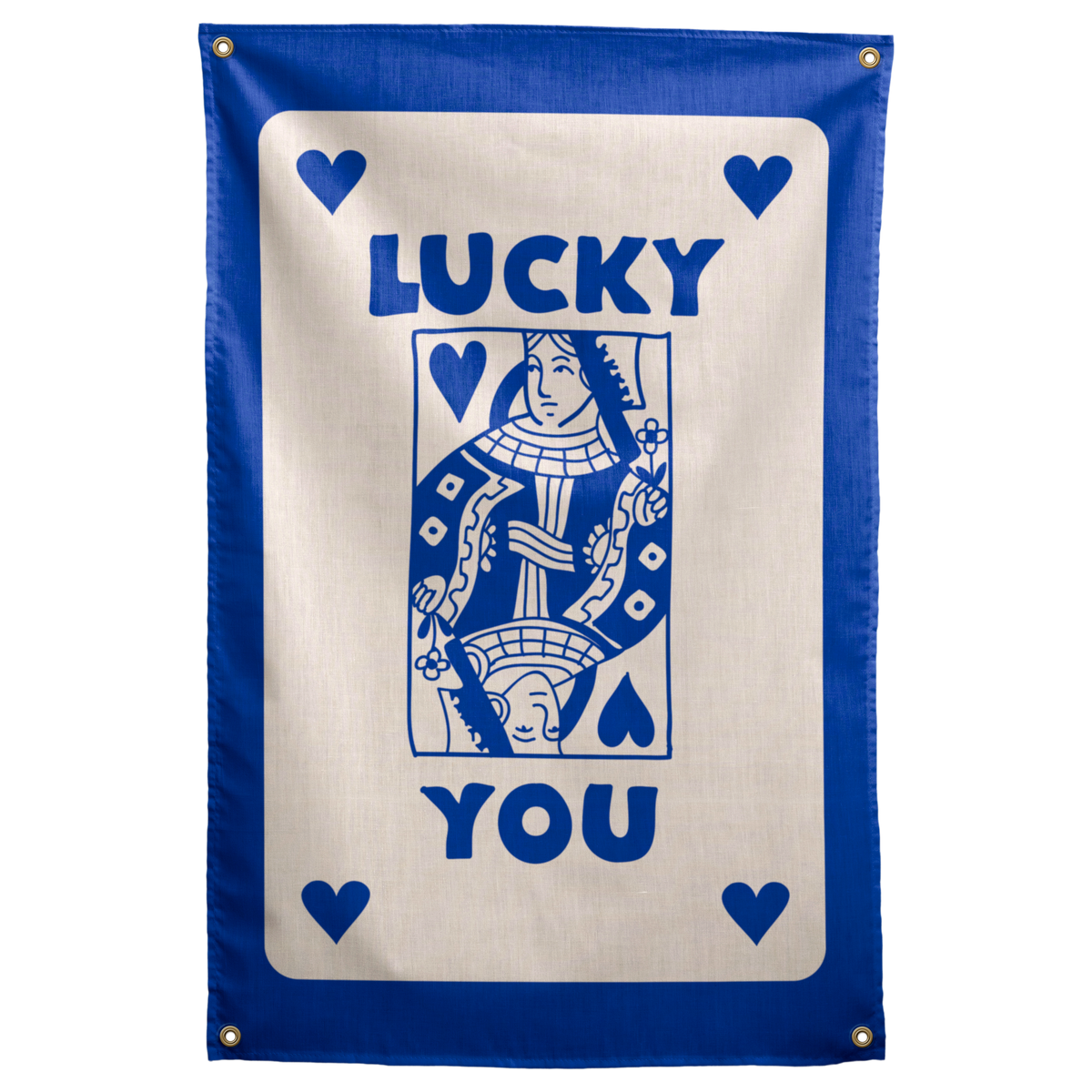 Royal blue LUCKY YOU words, a queen-card illustration and four hearts sit on cream within a blue border on a Wall Rebel fabric wall flag.