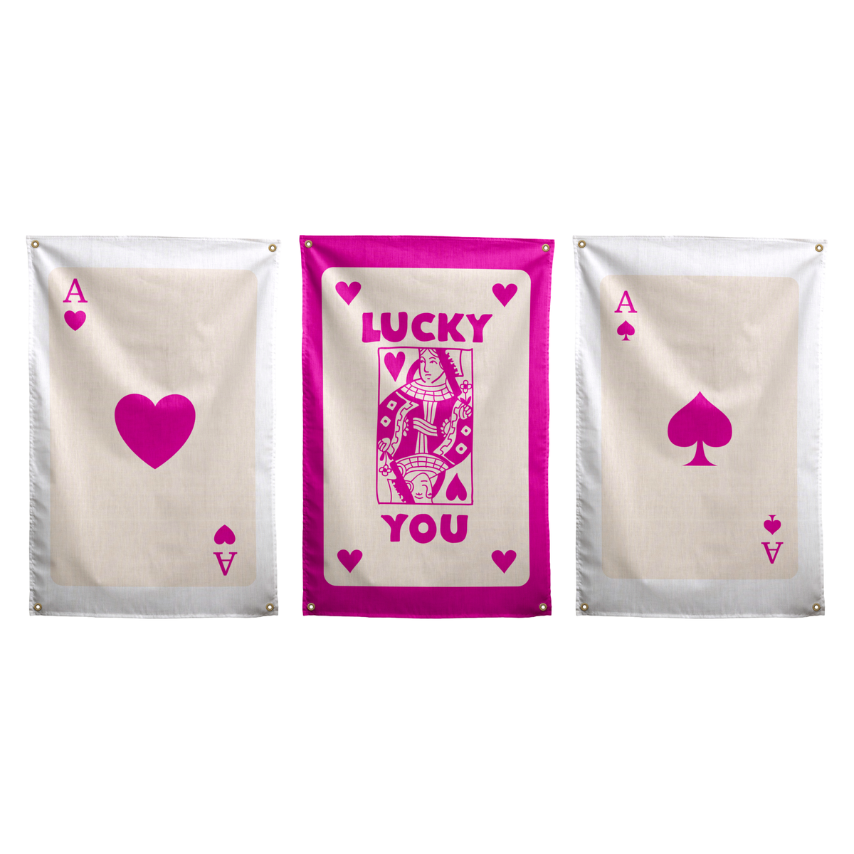 Magenta set of three Wall Rebel wall flags: Ace of Hearts, Lucky You in the centre, and Ace of Spades.