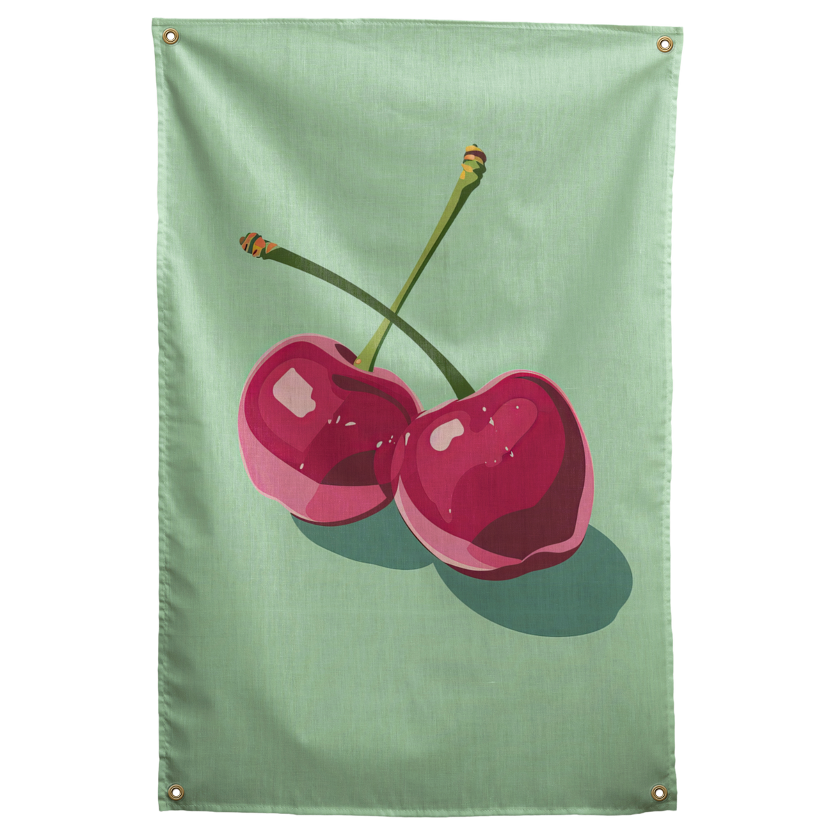 Two glossy pink cherries with angular highlights cast a long shadow across mint green on this Wall Rebel fabric wall flag.