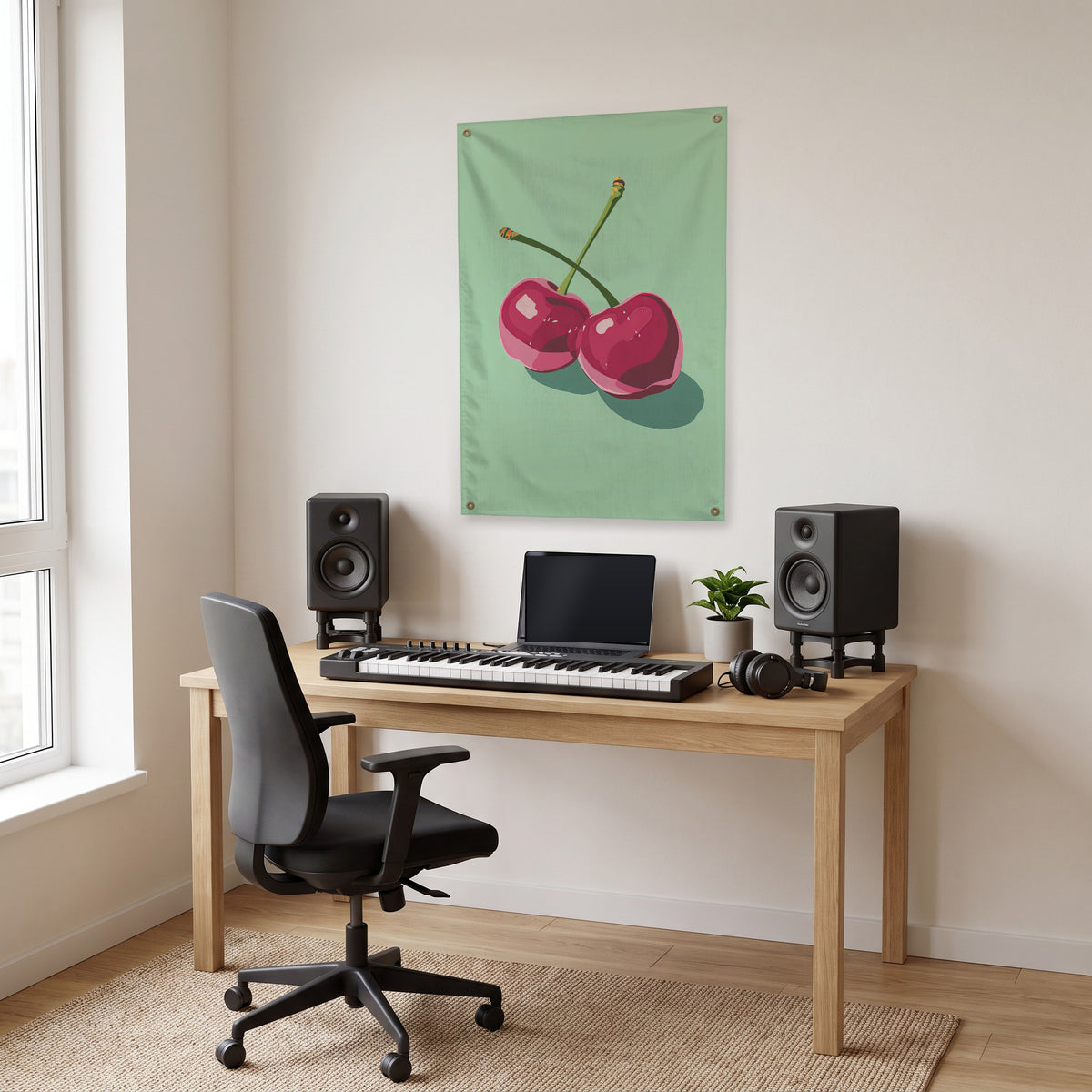 Mint Cherries Wall Flag in the studio room mockup.