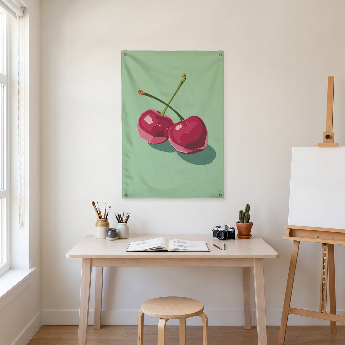 Mint Cherries Wall Flag in the art corner room mockup.