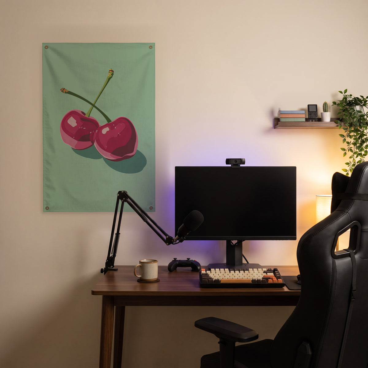 Mint Cherries Wall Flag in the streaming nook room mockup.