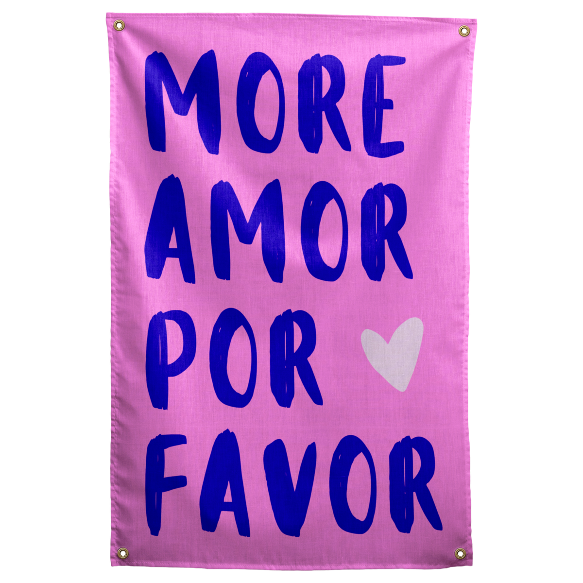 Deep purple MORE AMOR POR FAVOR lettering and a white heart stand out against bright pink on a Wall Rebel fabric wall flag.