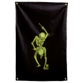 A lime-green skeleton raises a drumstick over a waist-mounted drum against near-black on this Wall Rebel fabric wall flag.