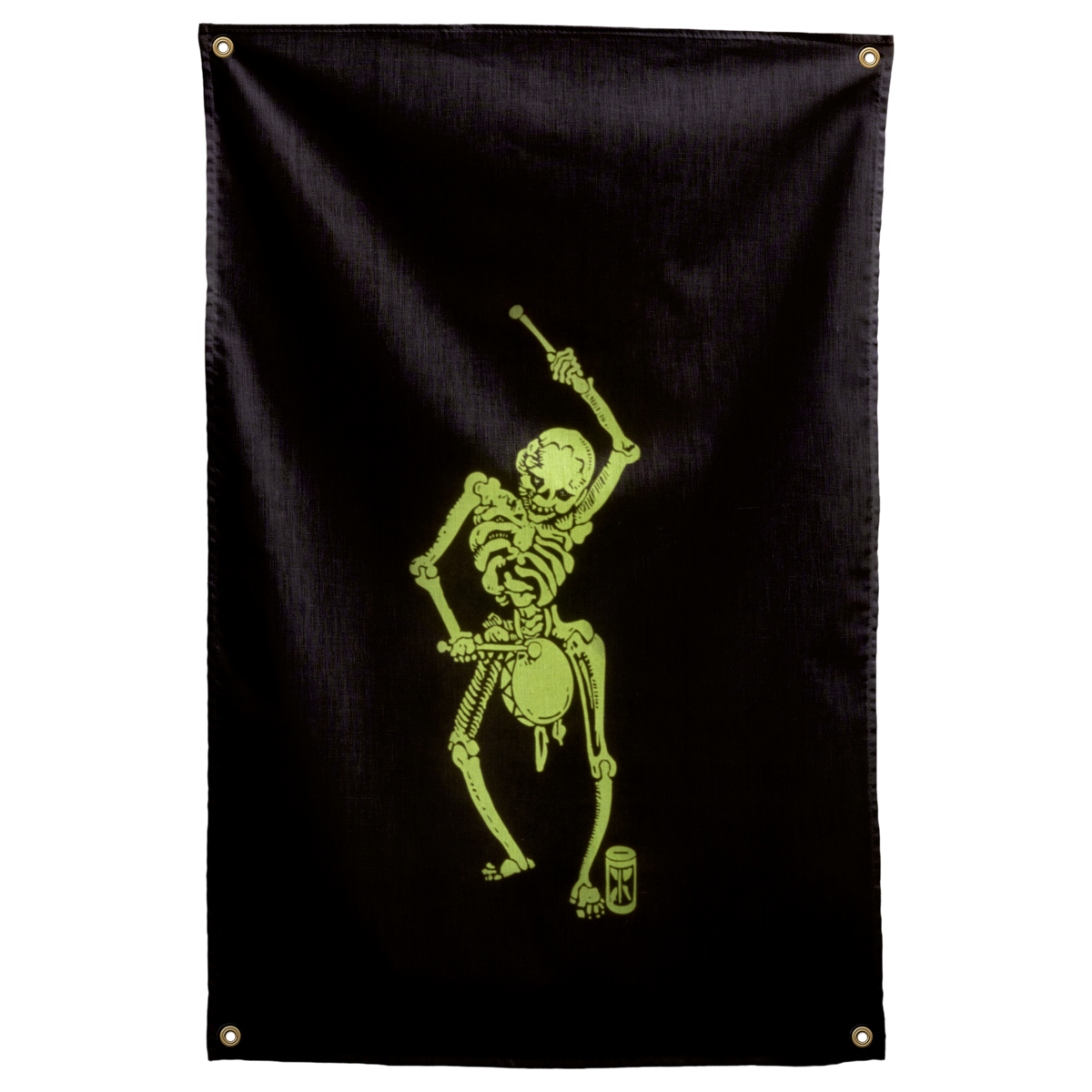 A lime-green skeleton raises a drumstick over a waist-mounted drum against near-black on this Wall Rebel fabric wall flag.