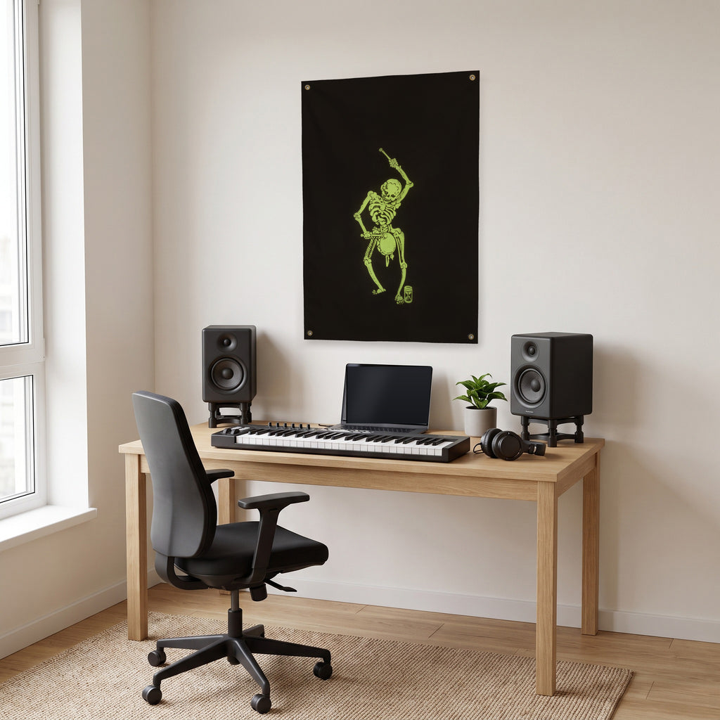 Neon Skeleton Drummer Wall Flag in the studio room mockup.