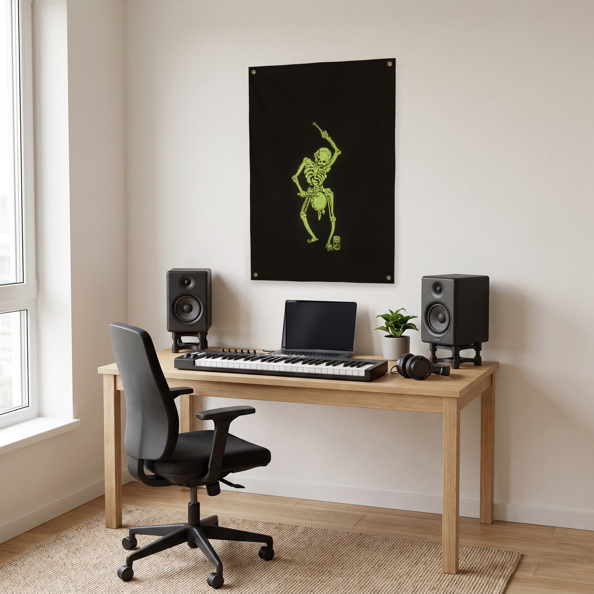 Neon Skeleton Drummer Wall Flag in the studio room mockup.