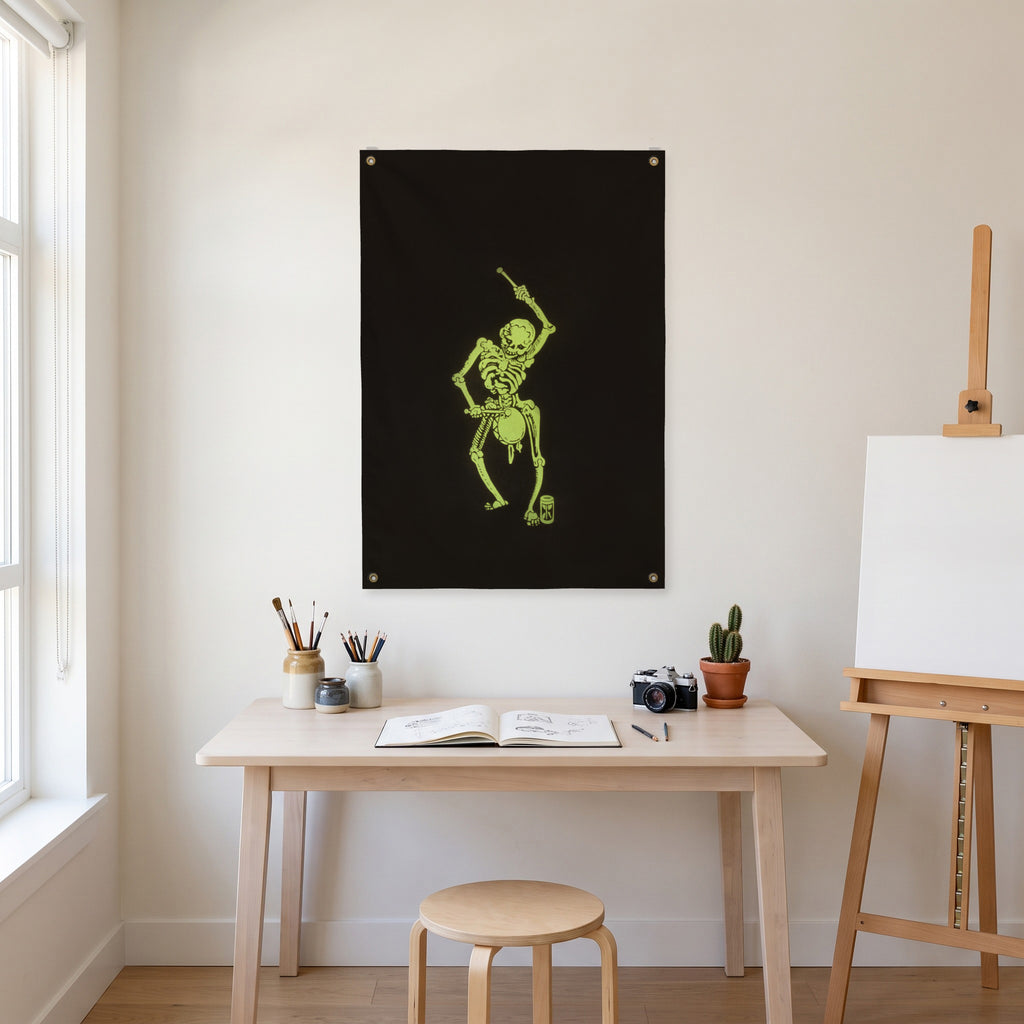 Neon Skeleton Drummer Wall Flag in the art corner room mockup.